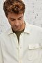Men's Beige Comfort Fit Relaxed Cut Hidden Button Collar 100% Cotton Winter Shirt Jacket - 4