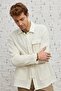Men's Beige Comfort Fit Relaxed Cut Hidden Button Collar 100% Cotton Winter Shirt Jacket - 6