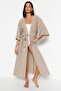 Bej Dokuma Maxi Plaj Kuşaklı Kimono&Kaftan TBESS23KM00058 - 3