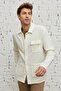 Men's Beige Comfort Fit Relaxed Cut Hidden Button Collar 100% Cotton Winter Shirt Jacket - 7