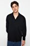 Siyah Oversize Fit Apaş Yaka Yazlık Keten Görünümlü Gömlek TMNSS23GO00053 - 10