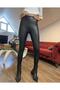 Women's Black Plush Inside Winter Faux Leather Extra High Waist Gathering Leggings - 3
