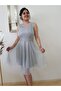 Women's Silver Gray Chiffon Short Evening Dress - 5