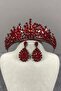 Red Adela Shiny Stone Henna Bridal Crown and Drop Stone Earring Set – Magnet, Gift, Ornamental Accessory
