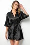 Black Satin Dressing Gown and Nightgown Set with Belt, 2 Pieces - 4