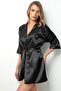 Black Satin Dressing Gown and Nightgown Set with Belt, 2 Pieces - 5
