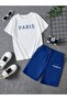 White/blue Paris Printed Girls/Boys Pocket Shorts Set