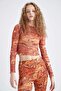 Cool Skinny Fit Patterned Tulle Long Sleeve Crop T-Shirt