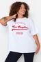 Beyaz Geniş Kalıp Bisiklet Yaka Baskılı %100 Pamuk Örme T-shirt TBBSS23AH00131 - 2