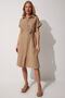 Women's Dark Beige Belted Linen Shirt Dress MX00046