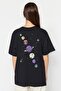 Siyah %100 Pamuk Ön ve Arka Galaksi Baskılı Boyfriend Fit Bisiklet Yaka Örme T-Shirt TWOSS23TS00257 - 5