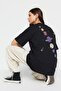 Siyah %100 Pamuk Ön ve Arka Galaksi Baskılı Boyfriend Fit Bisiklet Yaka Örme T-Shirt TWOSS23TS00257