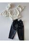 Girl's, Lycra Leather Bow Detailed Trousers, Cream Strapless Crop Blouse and Headband Set.