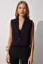 Women's Black Shawl Collar Linen Vest TO00052 - 5