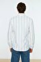 Beyaz Slim Fit Düğmeli Yaka İnce Çizgili Gömlek TMNSS20GO0092 - 6