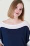 Women's Navy Blue Ecru Belted Summer Fine Knitwear Blouse - 2
