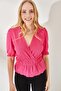 Women's Fuchsia Elastic Waist Double Breasted Blouse BLZ-19002187 - 2