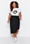 Black Wrap Side Tie Midi Knitted Plus Size Skirt Tbbss23Az00014 - 2