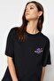 Siyah %100 Pamuk Ön ve Arka Galaksi Baskılı Boyfriend Fit Bisiklet Yaka Örme T-Shirt TWOSS23TS00257 - 2
