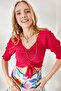 Women's Fuchsia Front Gathered Sleeve Detailed Crop Blouse BLZ-19002213 - 2