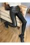 Women's Black Plush Inside Winter Faux Leather Extra High Waist Gathering Leggings - 5
