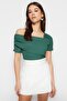 Emerald Green Asymmetrical-Collar Fitted/Slim-Fit Snap-Closure Knit Bodysuit TWOSS23BD00060