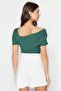 Emerald Green Asymmetrical-Collar Fitted/Slim-Fit Snap-Closure Knit Bodysuit TWOSS23BD00060 - 6