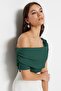 Emerald Green Asymmetrical-Collar Fitted/Slim-Fit Snap-Closure Knit Bodysuit TWOSS23BD00060 - 2