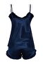 Lacivert Fırfırlı İp Askılı Saten Şortlu Dokuma Pijama Takımı THMSS22PT0274 - 8