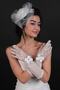White Feather Ribbon Detailed Bridal Gloves and Wedding Cap - 5