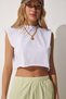 Women's White Seamless Sports Crop Knitted T-Shirt CE00068 - 2