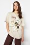 Taş %100 Kalın Pamuklu Baskılı Oversize Kalıp Bisiklet Yaka Örme T-Shirt TWOSS23TS00282 - 8