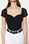 Siyah Fitted/Vücuda Oturan Tül Detaylı Krep Esnek Örme Body TWOSS23BD00072 - 4
