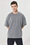 Men's Gray Melange Oversize Loose Cut Crew Neck Sweatshirt T-Shirt - 5