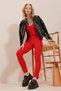 Women's Red High Waist Buckle Detailed Plaid Front Lycra Trousers ALC-X10047 - 2