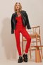 Women's Red High Waist Buckle Detailed Plaid Front Lycra Trousers ALC-X10047 - 4