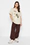 Taş %100 Kalın Pamuklu Baskılı Oversize Kalıp Bisiklet Yaka Örme T-Shirt TWOSS23TS00282 - 9
