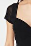 Siyah Fitted/Vücuda Oturan Tül Detaylı Krep Esnek Örme Body TWOSS23BD00072 - 5