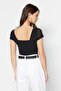 Siyah Fitted/Vücuda Oturan Tül Detaylı Krep Esnek Örme Body TWOSS23BD00072 - 6