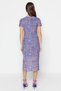 Blue Printed Short Sleeve Crew Neck Fitted Flexible Midi Tulle Pencil Dress TWOSS23EL01791 - 6