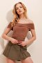 Women's Caramel Madonna Collar Front Draped Crop Sandy Blouse ALC-X10048 - 2