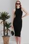 Summer Halter Collar Slit Detail Body-Sitting Flexible Ribbed Midi Length Dress - Black