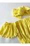 Girl's, Lycra Leather Bow Detailed Trousers, Yellow Strapless Crop Blouse and Headband Set. - 2