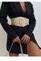 Women's Flexible Elastic Detailed Waist Corsage Big Buckle Faux Leather Beige Wide Women's Belt 1743 - 3