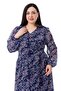 Plus Size V-Neck Waist And Sleeve Elastic Chiffon Long Lined Navy Blue Dress - 2