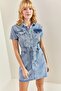 Women's Blue Belted Snap Button Denim Dress 40701020 - 3