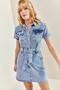 Women's Blue Belted Snap Button Denim Dress 40701020 - 6
