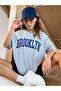 Women's Blue Letter Brooklyn Printed Gray Oversize Unisex T-shirt - 6