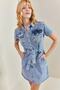 Women's Blue Belted Snap Button Denim Dress 40701020