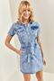 Women's Blue Belted Snap Button Denim Dress 40701020 - 5